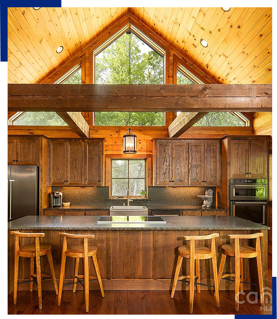 Rustic wooden kitchen with island and stools